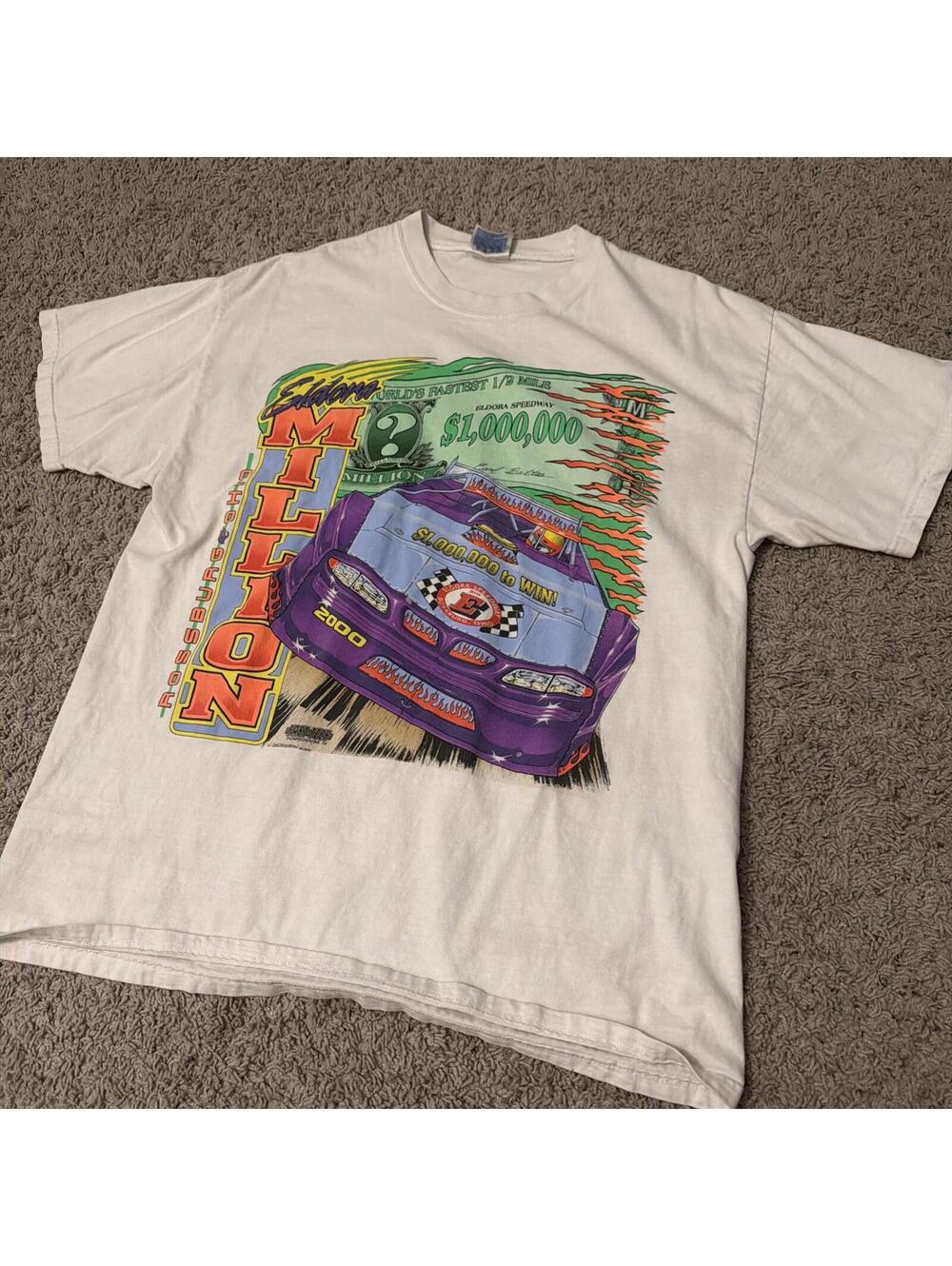 Vintage 2000 Eladora Speedway Rossburg Graphic White Racing Tee Hanes Beefy Sz L